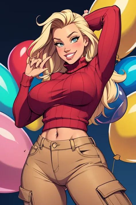 (cartoon style:1.2), Drawings of ([Jessica Simpson]), wearing a baggy turtleneck sweater, A big smile, perfect eyes, detailed face, party background, fun posing, flirty look, Hanabubuki, balloon