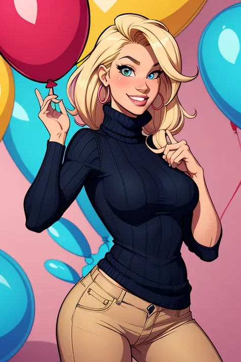 (cartoon style:1.2), Drawings of ([Jessica Simpson]), wearing a baggy turtleneck sweater, A big smile, perfect eyes, detailed face, party background, fun posing, flirty look, Hanabubuki, balloon