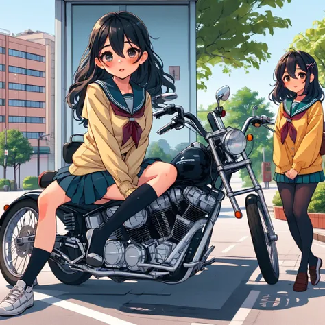 ground vehicle, motorbike, , long hair, motor vehicle, sitting, skirt, black hair, serafuku, looking at viewer, 1boy, bag, socks, pleated skirt, jacket, neckerchief, hair between eyes, blush, long sleeves, sailor collar, multiple girls, outdoors, red necke...