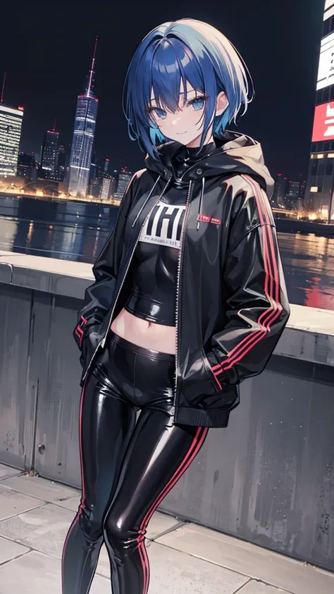 masterpiece,highest quality,eroticな女の子,he is wearing a big oversized hoodie、Im sticking my hands in my pockets。wearing long black tights,These latex pants have a zipper、zipper is down.,Very clear light blue eyes,short hair,Moe sleeves,Image color is pistac...