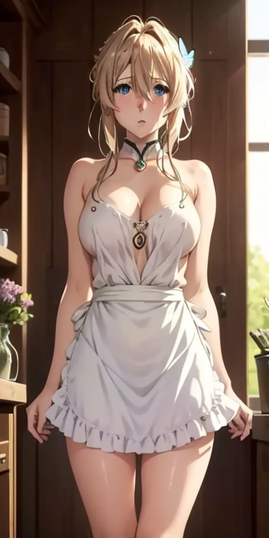 1girl, solo, blonde hair, butterfly hair ornament, (naked:1.3), (white apron), large breasts, cleavage, thighs, cafe background, (blushing:1.3),blue eyes, Violet Evergarden, locket and neck collar, standing, realistic eyes, perfect shaped beautiful body