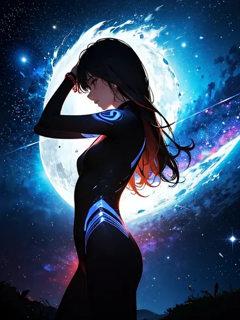 Girl, cloud, colorful, masterpiece, galaxy background、(girl silhouette)、body suit