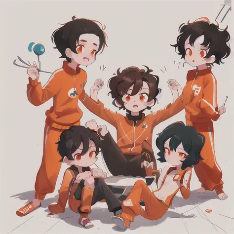 brandon zhang, black hair, brown hair, short hair, curly hair, hair one side up, orange tracksuit, surrealism, artist: kim sujeo...