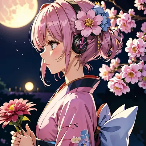 huge moon、1 girl, alone, short hair, headphones, jewelry, kimono, Upper body, flower, Mauve hair, hair flower, necklace,, profile, pink flower, blue flower, abstract, 鮮やかはflower、flowerが舞う、リアルなflower