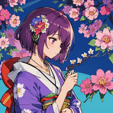 huge moon、1 girl, alone, short hair, headphones, jewelry, kimono, Upper body, flower, Mauve hair, hair flower, necklace,, profile, pink flower, blue flower, abstract, 鮮やかはflower、flowerが舞う、リアルなflower