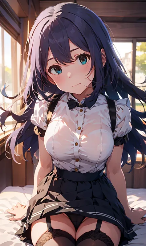 anna mochizuki (million live),(best quality, 8K, masterpiece, ultra detailed:1.2), (lens flare, light particles, sparkle), depth of field, sitting on a luxury hotel bed, (from above, portrait, headpat, looking at viewer, head tilt), 1girl, huge breasts, se...