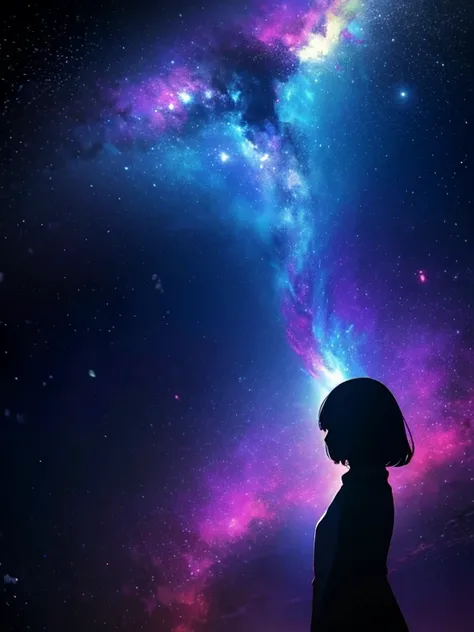 Girl, cloud, colorful, masterpiece, galaxy background、(girl silhouette)、body suit