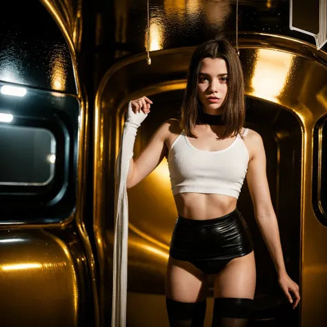 13 year old white european girl wearing a black crop top and gold short skirt.  she is inside a submarine.  professionally color...