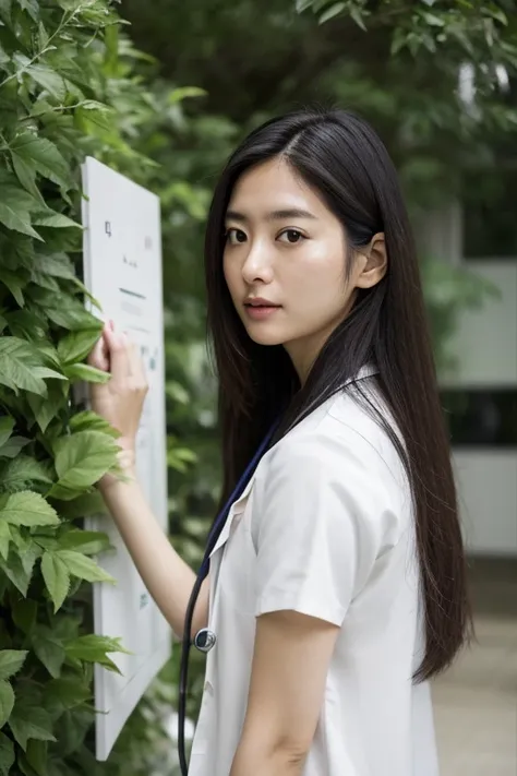 japanese woman, look at the audience, long hair, white clothes, doctor, Examination room, PC Monitor, wall white, Foliage plant, Stethoscope,