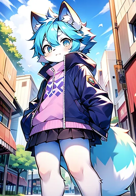 Bright Eyes, panoramic, Character Focus Solo, hairy, hairy雌性豹子，Female light blue fur, light purple pattern，The left eye is blue，The right eye is orange, Light blue hair (long), Wearing a light purple jacket and skirt，Casual Clothing, young style, Height 1....