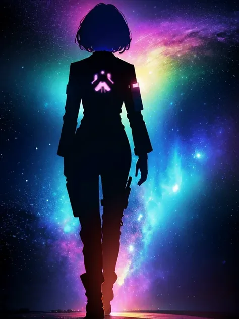 Girl, cloud, colorful, masterpiece, galaxy background、(girl silhouette)、body suit,from behind,walking