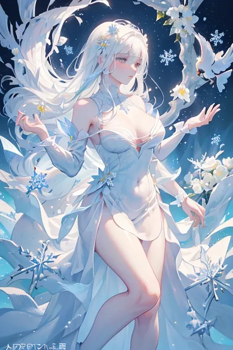 (Paradise in Heaven), White lighting,(muste piece), (best quality), (cinematic), 8K, (art station),(長いwhite hairとSilvery eyesを持つ1人の女), (beautiful delicate face)、[Frozen trees々], [landscape crystal], [lighting], [Ethereal Atmosphere:1.1], [fantasy, short st...