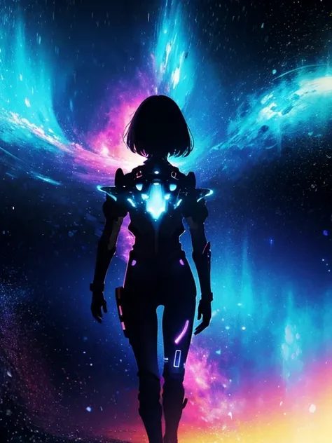 Girl, cloud, colorful, masterpiece, galaxy background、(girl silhouette)、cyber-body suit,from behind,walking