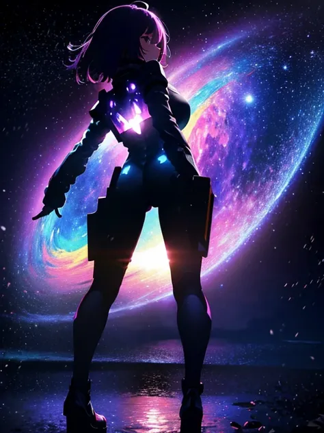 Girl, cloud, colorful, masterpiece, galaxy background、(girl silhouette)、cyber-body suit,looking back,walking