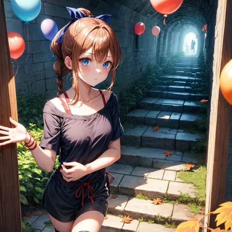 reddish-brown blonde、blue hair、blue eyes、ponytail、Braid、one good looking girl、solo、anime、lattice柄のミニスカート、camisole、black t-shirt、Tilting your face、Doing the ribbon、Ribbon at waist、sunset sky、stone stairs、tunnel、Fallen leaves、Wearing sunglasses、Burning、Light...