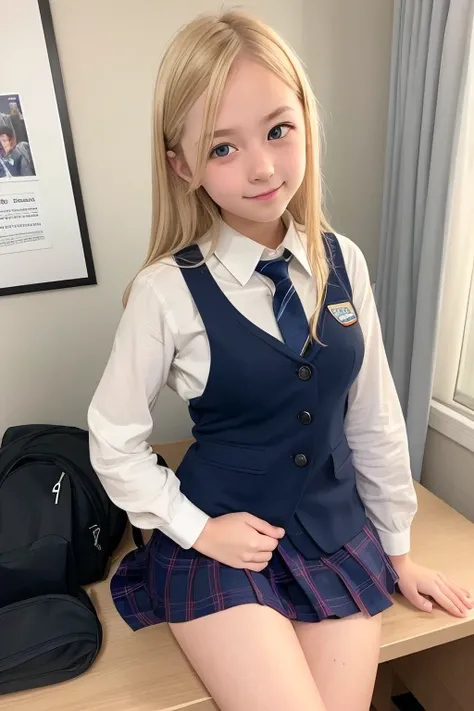 a very cute blonde 14yo girl, school-uniform, raw photo