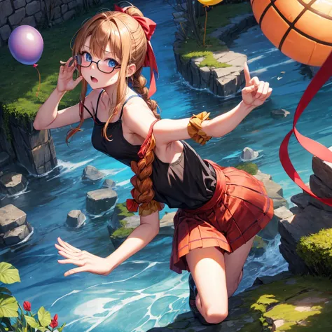 reddish-brown blonde、blue hair、blue eyes、ponytail、Braid、one good looking girl、solo、anime、lattice柄のミニスカート、camisole、black t-shirt、Tilting your face、Doing the ribbon、Ribbon at waist、sunset sky、stone stairs、tunnel、Fallen leaves、wearing glasses、Burning、Light an...