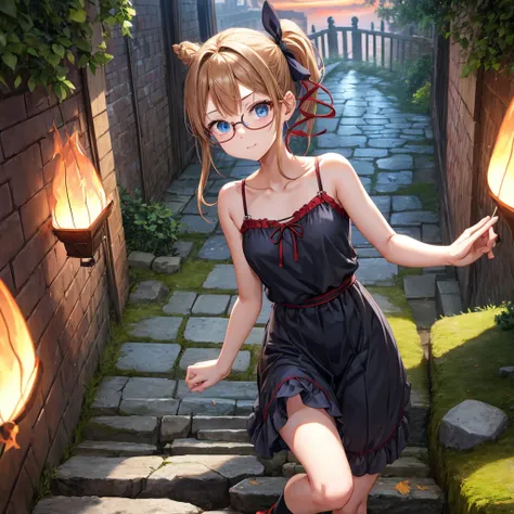 reddish-brown blonde、blue hair、blue eyes、ponytail、Braid、one good looking girl、solo、anime、lattice柄のミニスカート、camisole、black t-shirt、Tilting your face、Doing the ribbon、Ribbon at waist、sunset sky、stone stairs、tunnel、Fallen leaves、wearing glasses、Burning、Light an...