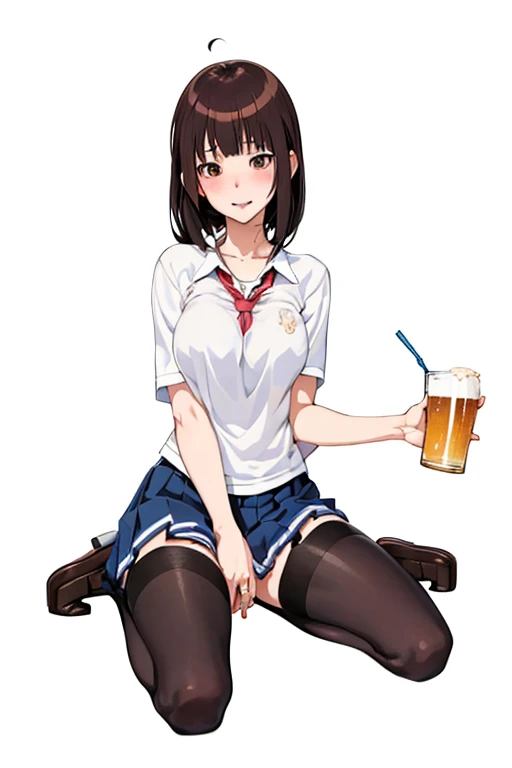 anime girl sitting on the floor，beer in hand, anime cute art style, realistic schoolgirl, have a drink, a hyper-realistic school...