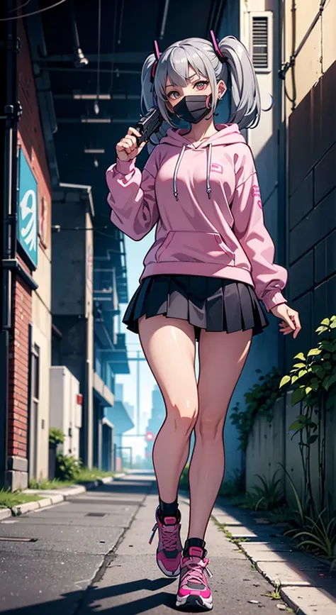 8K,Ultra Detail,ultra-quality,ultra precision,ultimate masterpiece,cool Girl(in combat),hoodie,short skirt,clothing for Cyber punk,pose of shooting a rifle with right hands,twintail(silver and pink),located Cyber punk back alley,Theme of Cyber punk,view fr...