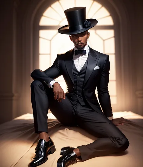 Create a drawing of a dark-skinned, bald man with both arms behind him, sem camisa. He will be wearing an elegant top hat, uma capa preta por fora e vermelha por dentro, Black pants and black shoes. The man will have a confident and determined expression o...