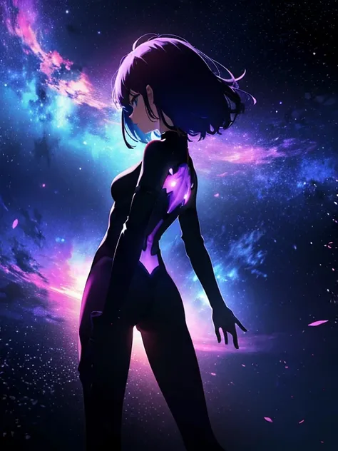 Girl, cloud, colorful, masterpiece, galaxy background、(girl silhouette)、cyber-body suit,from below,from behind、stretch both arms upward