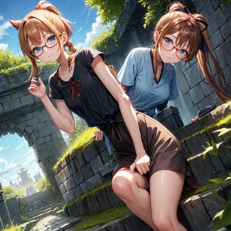 reddish-brown blonde、blue hair、blue eyes、ponytail、Braid、one good looking girl、solo、anime、lattice柄のミニスカート、camisole、black t-shirt、Tilting your face、Doing the ribbon、Ribbon at waist、sunset sky、stone stairs、tunnel、Fallen leaves、wearing glasses、Light and shadow...