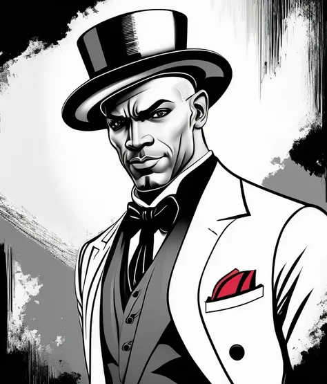 Create a drawing of a dark-skinned, bald man with both arms behind him, sem camisa. He will be wearing an elegant top hat, uma capa preta por fora e vermelha por dentro, Black pants and black shoes. The man will have a confident and determined expression o...