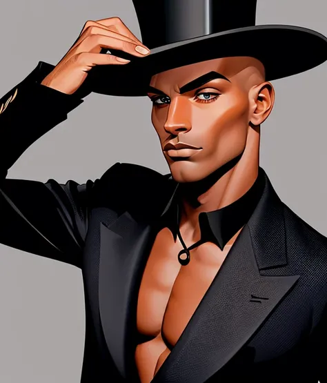 Create a drawing of a dark-skinned, bald man with both arms behind him, sem camisa. He will be wearing an elegant top hat, uma capa preta por fora e vermelha por dentro, Black pants and black shoes. The man will have a confident and determined expression o...