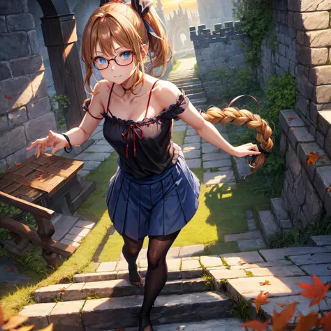 reddish-brown blonde、blue hair、blue eyes、ponytail、Braid、one good looking girl、solo、anime、lattice柄のミニスカート、camisole、black t-shirt、Tilting your face、Doing the ribbon、Ribbon at waist、sunset sky、stone stairs、tunnel、Fallen leaves、wearing glasses、Light and shadow...