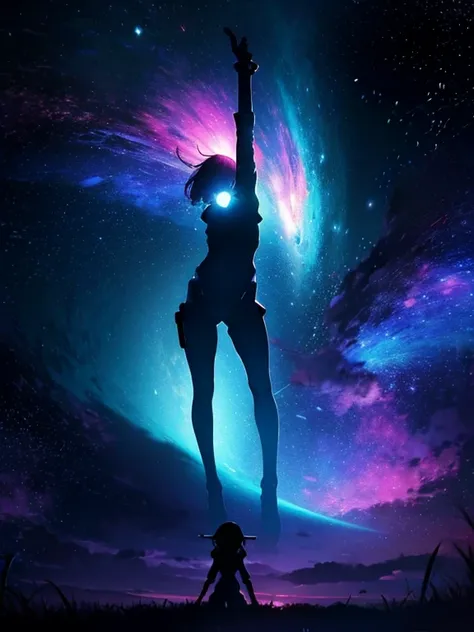 Girl, cloud, colorful, masterpiece, galaxy background、(girl silhouette)、cyber-body suit,from below,、stretch both arms upward