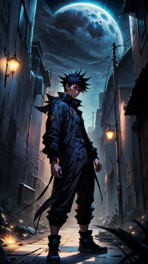 1boy, full body shot, 175 cm, megumi fushiguro, dark blue eyes, black outfit, black hair with long spikes that jut out in every direction around his head, wearing dark blue jacket over a long-sleeved white dress shirt. His uniform pants match his jacket,He...