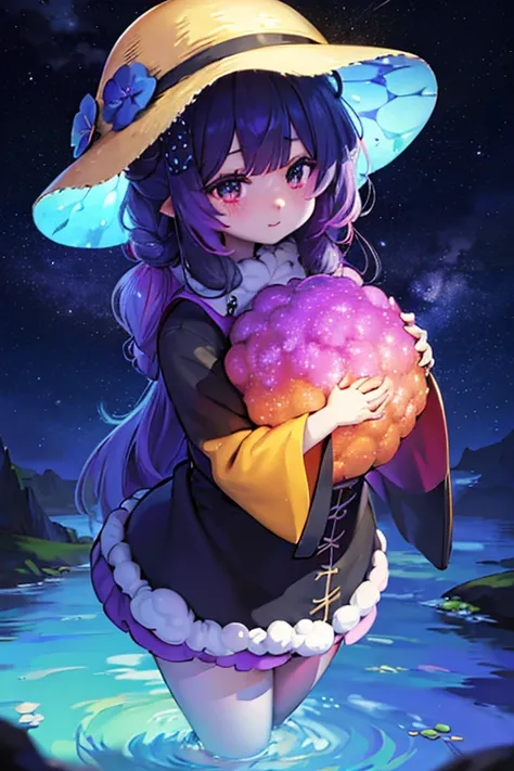 Illustration of a galaxy sheep standing on a vibrant, otherworldly landscape, gazing up at the stars with a sense of wonder and curiosity, as colorful nebulas and celestial bodies illuminate the sky behind it