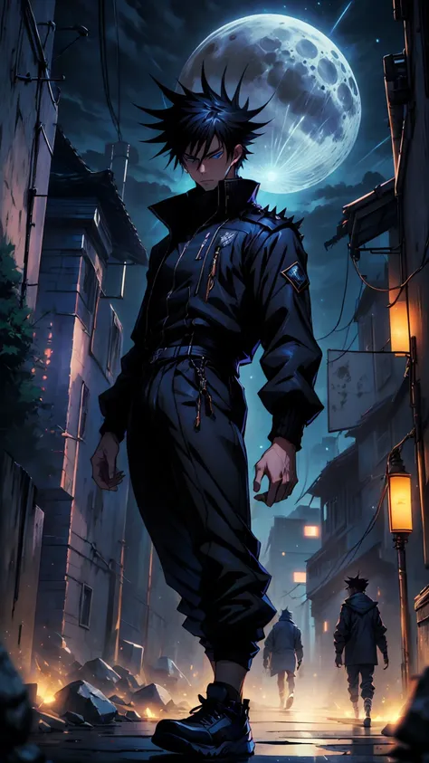 1boy, full body shot, 175 cm, megumi fushiguro, dark blue eyes, black outfit, black hair with long spikes that jut out in every direction around his head, wearing dark blue jacket over a long-sleeved white dress shirt. His uniform pants match his jacket,He...