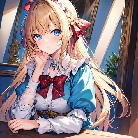 1 girl, masterpiece, highest quality, 8K, fine skin texture, fine cloth texture, beautiful detailed face, intricate details, Super detailed, alice in wonderland, (Bow on her head:1.1), Upper body