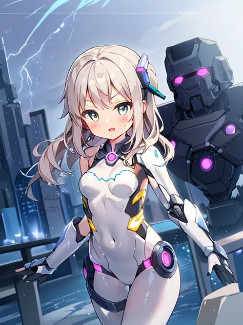 ((masterpiece:1.4、highest quality))+、(super detailed)+、
1 girl、cyberpunk city、flat chest、wavy hair、mecha clothes、(robot girl)、co...