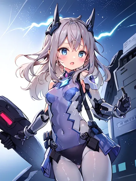 ((masterpiece:1.4、highest quality))+、(super detailed)+、
1 girl、cyberpunk city、flat chest、wavy hair、mecha clothes、(robot girl)、Cool move、Silver Bodysuit、colorful background、Wet day、(lightning effect)、Silver Dragon Armor、(cold face)、cowboy shot、pretty girl