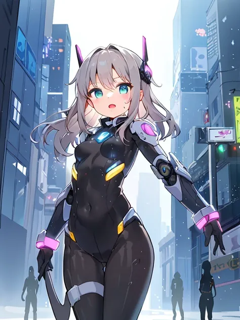 ((masterpiece:1.4、highest quality))+、(super detailed)+、
1 girl、cyberpunk city、flat chest、wavy hair、mecha clothes、(robot girl)、Cool move、Silver Bodysuit、colorful background、Wet day、(lightning effect)、Silver Dragon Armor、(cold face)、cowboy shot、pretty girl