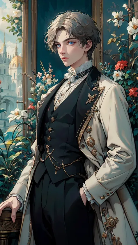 artstudt, (official art, extremely detailed CG unity 8k wallpaper),(1boy:1.3),beautifully detailed eyes, detailed fine nose, detailed fingers, (8k), (best quality), ( masterpiece:1.2), extremely detailed
1 prince, handsome, rococo style, vest, tie, white a...