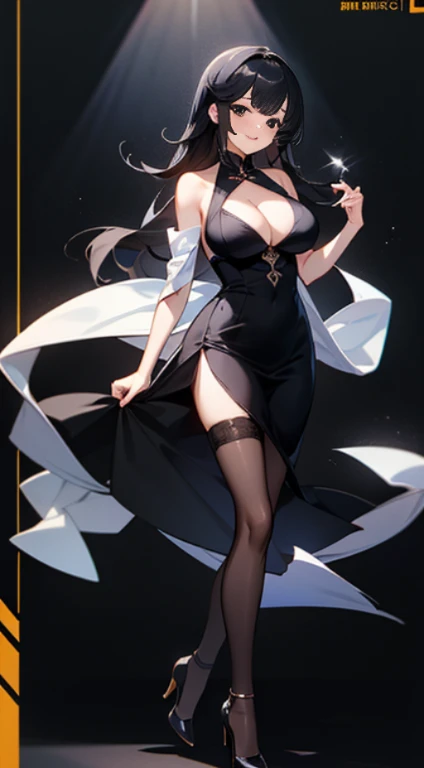 1 girl, game CG, black clothes, I can see the cleavage, I can see your shoulders, black dress，Mimore dress, 黒いrace，  black shoes,high heels， huge breasts, black hair, long hair, straight hair, Princess hairstyle,, black eyes, smile, black stockings，黒いhigh ...