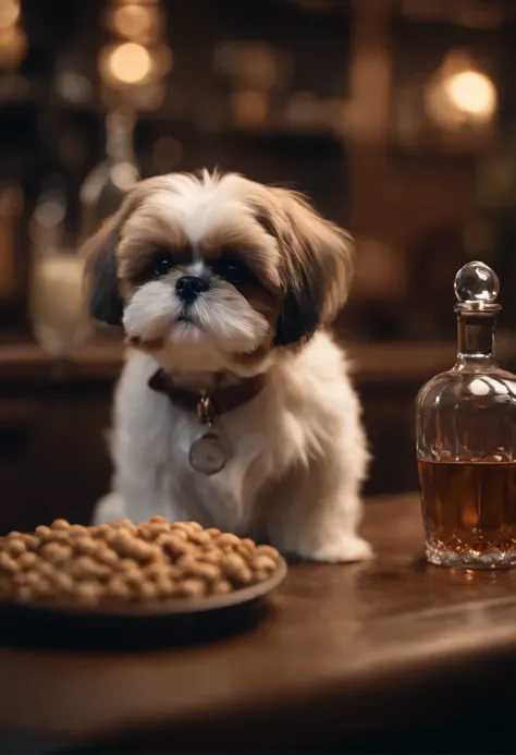 simple background，surreal，hyper detail，Shih Tzu sitting at the bar counter，wine glass、Dishes for dog food、antique、SF，Watch everywhere，Highly detailed surreal VFX，impurities，vision，super fine，Super detailed，high quality，8K ，OC rendering，dynamic viewing angl...