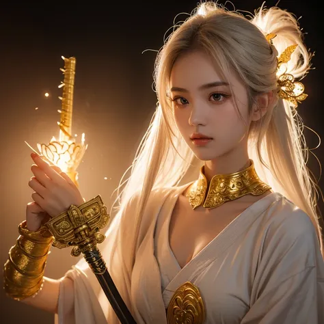 Martial arts，Female swordsman，Beautiful fairy face，Half-covered face with gold，mask，17 years old，hair bleached，clothing slim fit