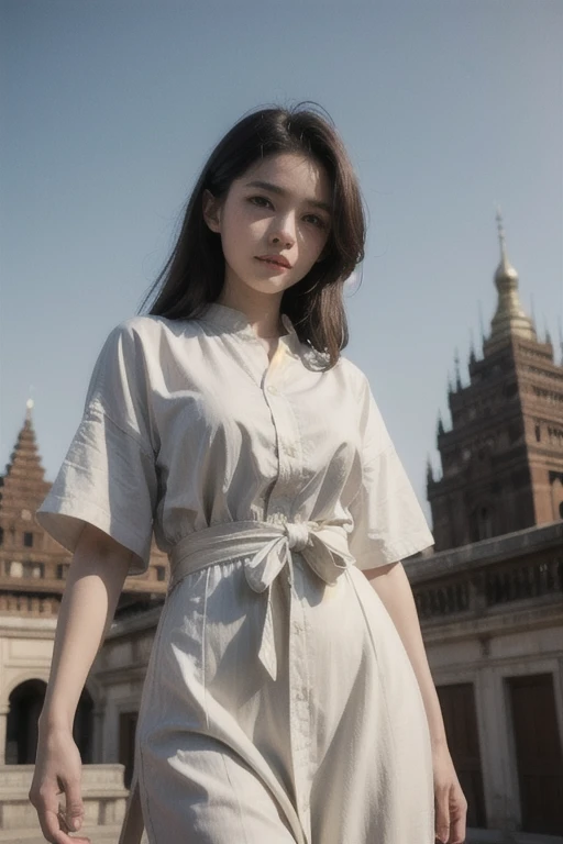 ((best quality)), ((masterpiece)), (detailed), a girl, traditional cloth, a dog, bagan landscape