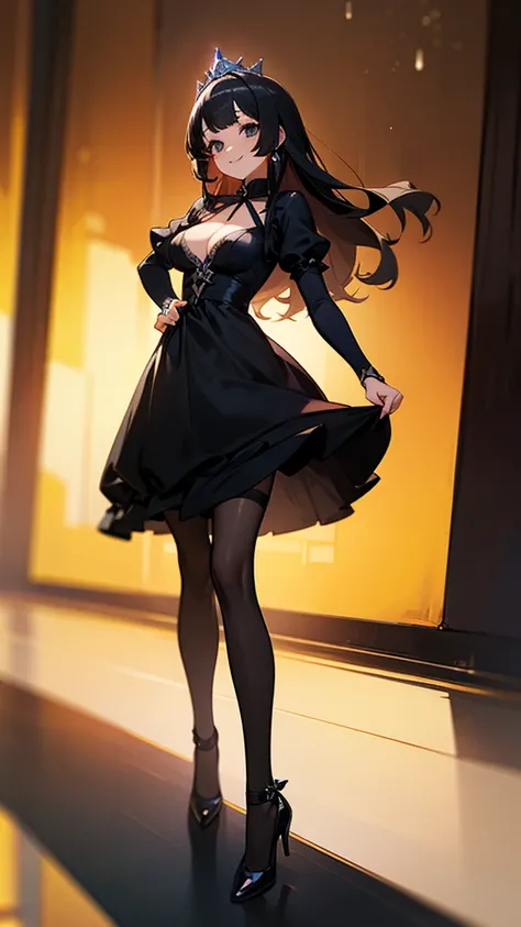 1 girl, game CG, black clothes, I can see the cleavage, 黒いウェディングdress，dress，Small black ribbon，gem，black shoes, high heels，stockings，huge breasts, black hair, long hair, straight hair, Princess hairstyle, black eye, smile, 4K，high resolution，Standing pictu...