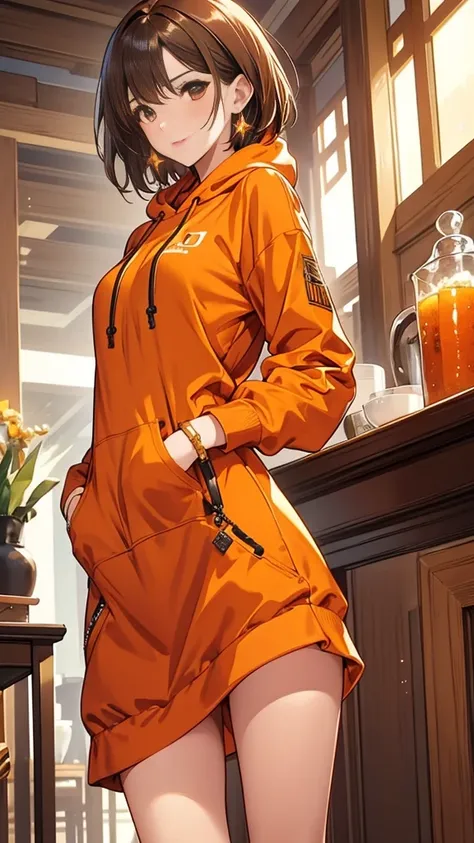 HD clarity, Superb CG of female characters, Seductive brown hair, short hair，eyes that sparkle like jewels, look straight at the camera, Dress with a sense of design, orange long hoodie，Standing picture