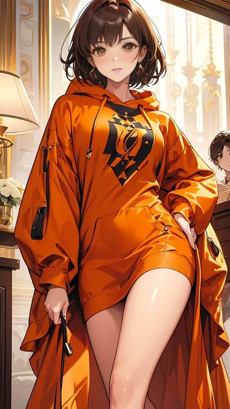 HD clarity, Superb CG of female characters, Seductive brown hair, short hair，eyes that sparkle like jewels, look straight at the camera, Dress with a sense of design, orange long hoodie，Standing picture