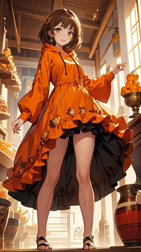 HD clarity, Superb CG of female characters, Seductive brown hair, short hair，eyes that sparkle like jewels, look straight at the camera, Dress with a sense of design, orange long hoodie，Standing picture