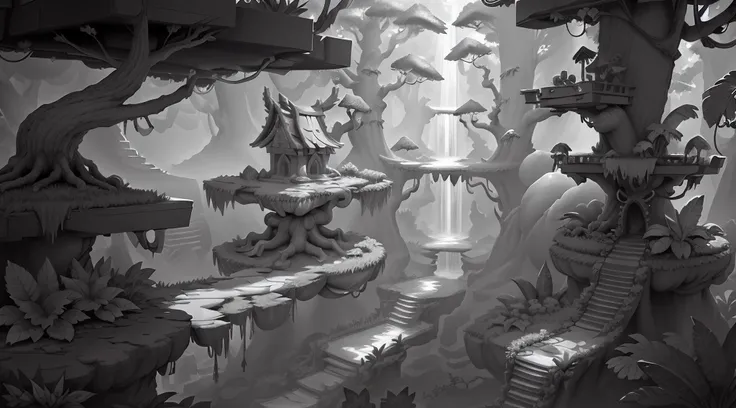 whiteboxstyle forest temple: platforms, elven architecture, treehouse platforms, tribal rituals, waterfall dives. monochrome