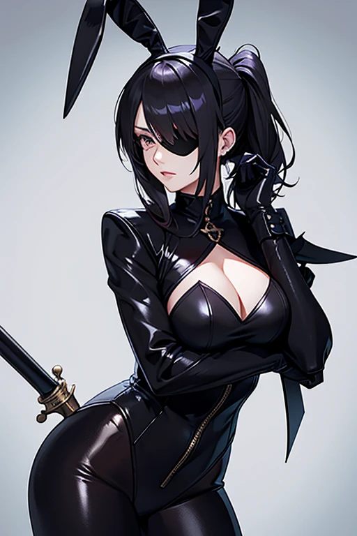 Woman in her twenties、Eye patch over one eye、Bunny girl、Black bunny suit、black armor、Holding a dagger、Queen