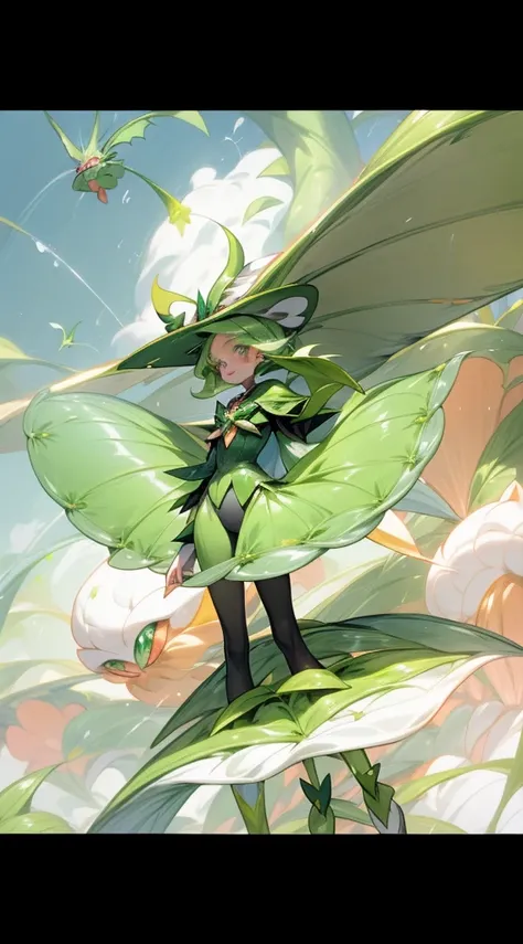 a close up of a person in a green outfit with a green cape, pokemon sword and sheild, new pokemon, pteranadon styling, melting into lilligant, magical shiny skin, slimy shiny reflective joy, similar to pokemon, insect trainer girl, weird pokemon, fluffy or...